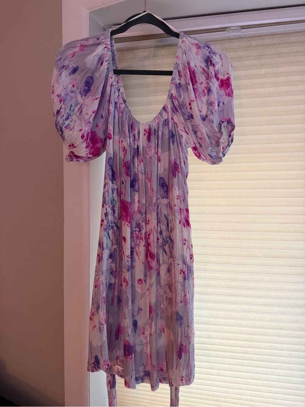 DEX Beautiful Floral Watercolor Puff Sleeve Dress - Pink & Purple,& fabric belt - Picture 3 of 5